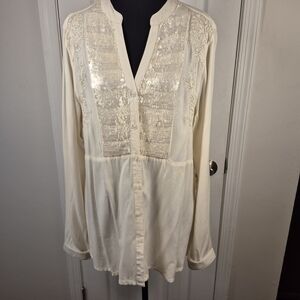 Anu Elegant Cream Off-White Soft Rayon Sequin Embroidered Women's Top Size M